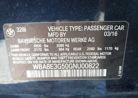 2016 BMW 328I xDrive z USA, uszkodzony, nr VIN WBA8E3G50GNU00822